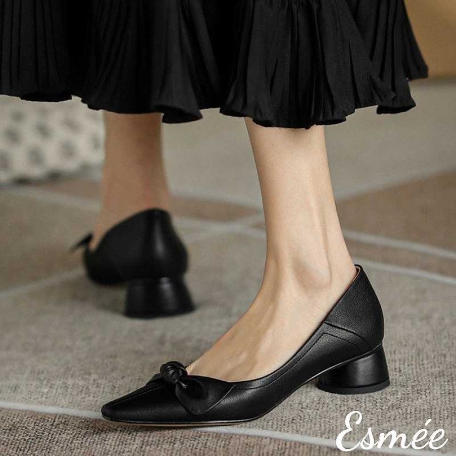 Shoes Esmée | Leather High Heels With Bow Knot And Cylinder Heels