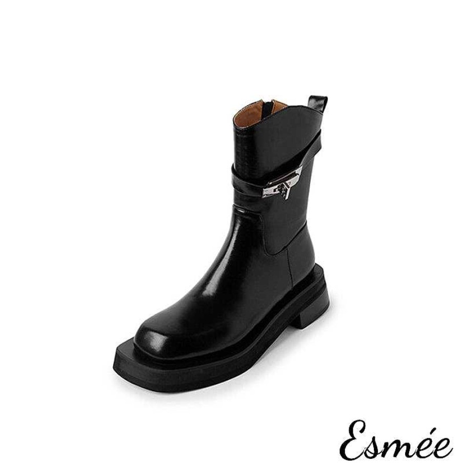 Shoes Esmée | Leather Mid Boots With Metal Lock Buckle