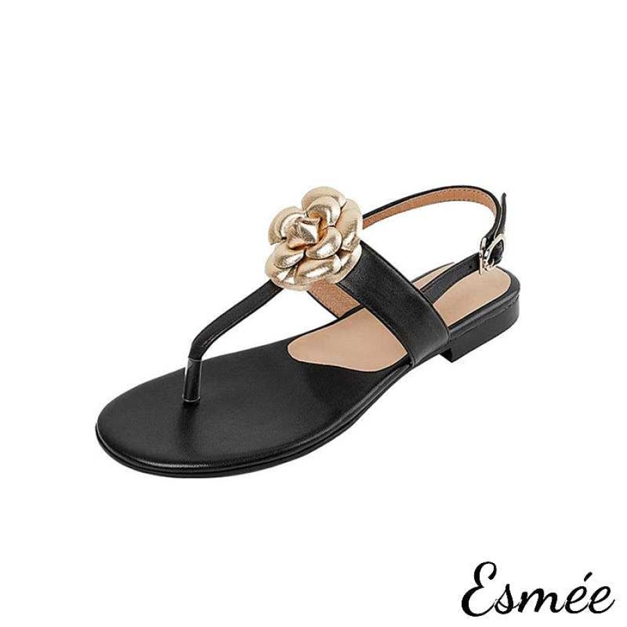 Shoes Esmée | Leather T Straps Sandals With Golden Flower Design