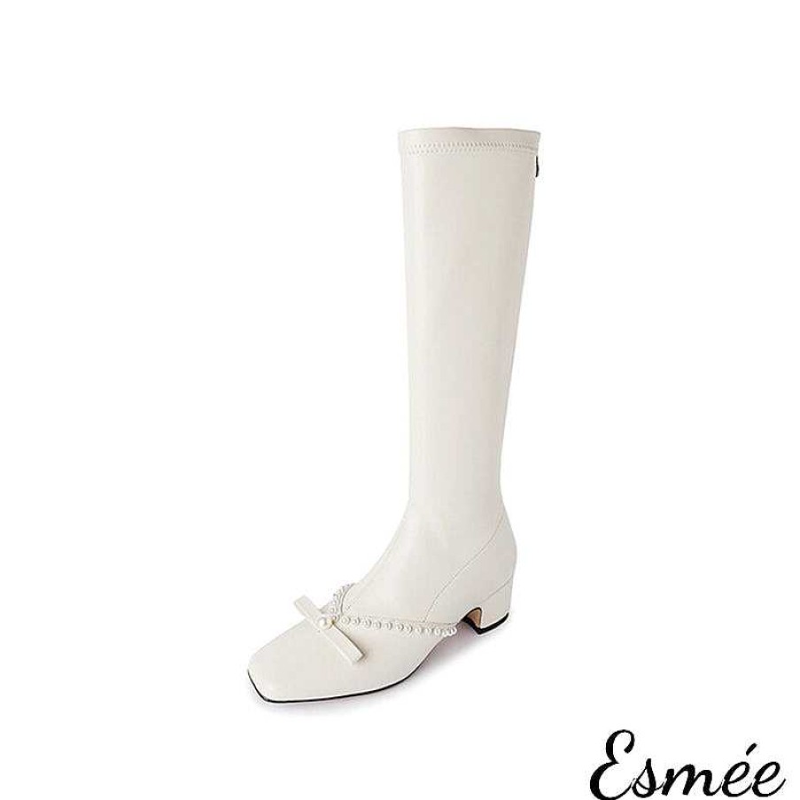 Shoes Esmée | Leather Long Boots With Bow Knot And Pearl Design