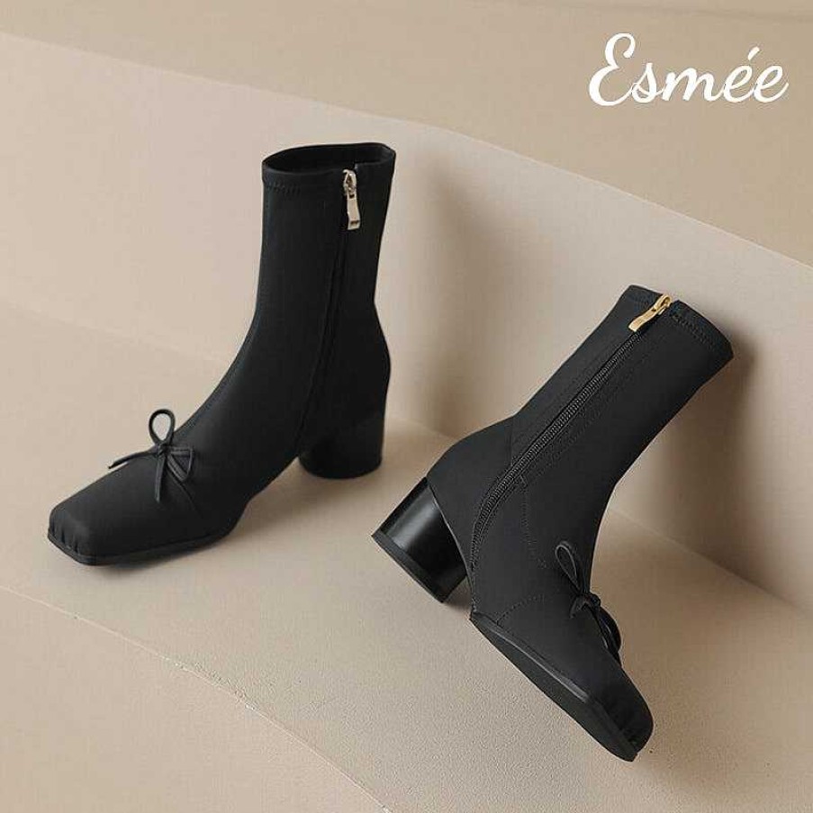 Shoes Esmée | Leather Squared Toe Ankle Boots With Bow Knot Design