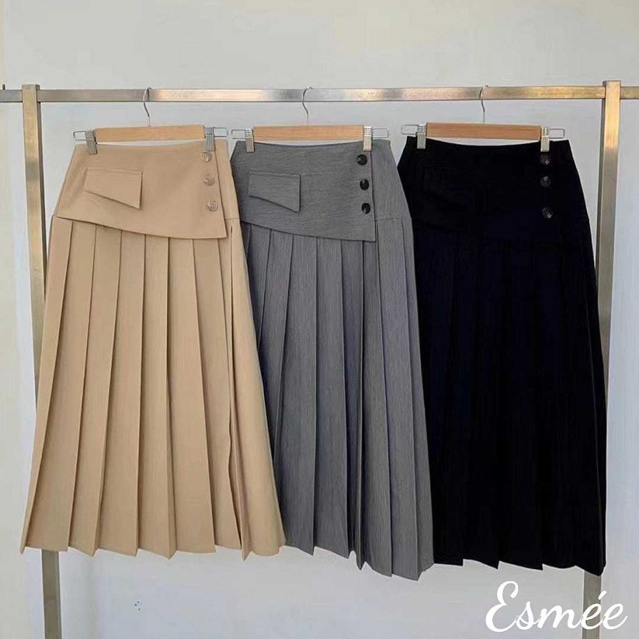 Clothing Esmée | Korean Cotton Pleaded Long Dress With Waist Flap And Button Design