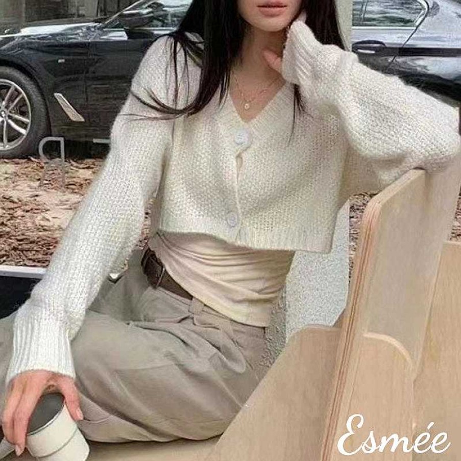 Clothing Esmée | Korean Cotton Cropped Knitwear With Layered Top