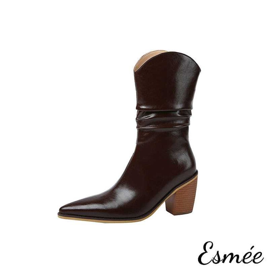 Shoes Esmée | Shiny Leather Cowboy Mid Boots With Riding Heels