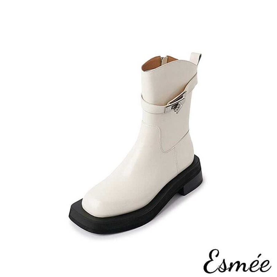 Shoes Esmée | Leather Mid Boots With Metal Lock Buckle