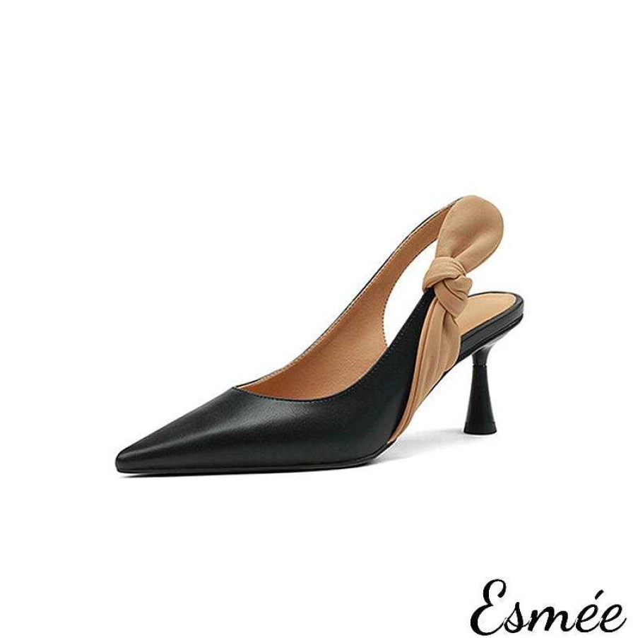 Shoes Esmée | Leather High Heel Slingback With Dual Color Bow Knot