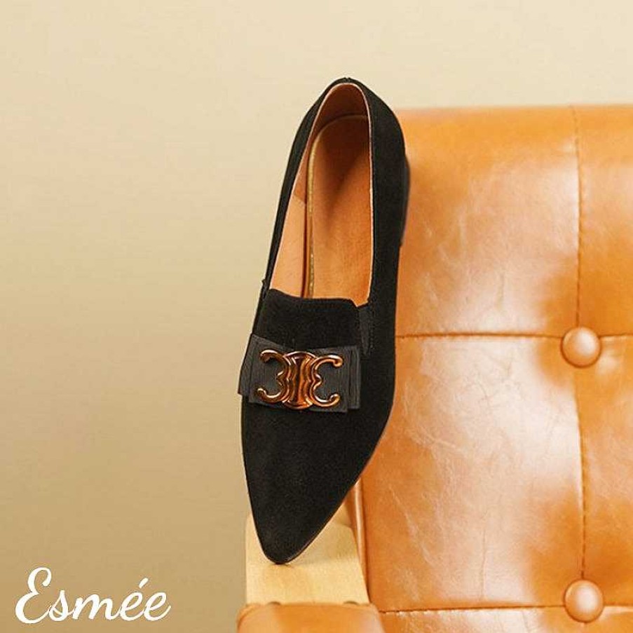 Shoes Esmée | Suede High Heel Loafers With Metal Buckle Design Black