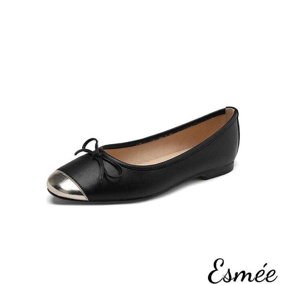 Shoes Esmée | Leather Ballet Flats With Bow Knot And Metallic Toe Cap