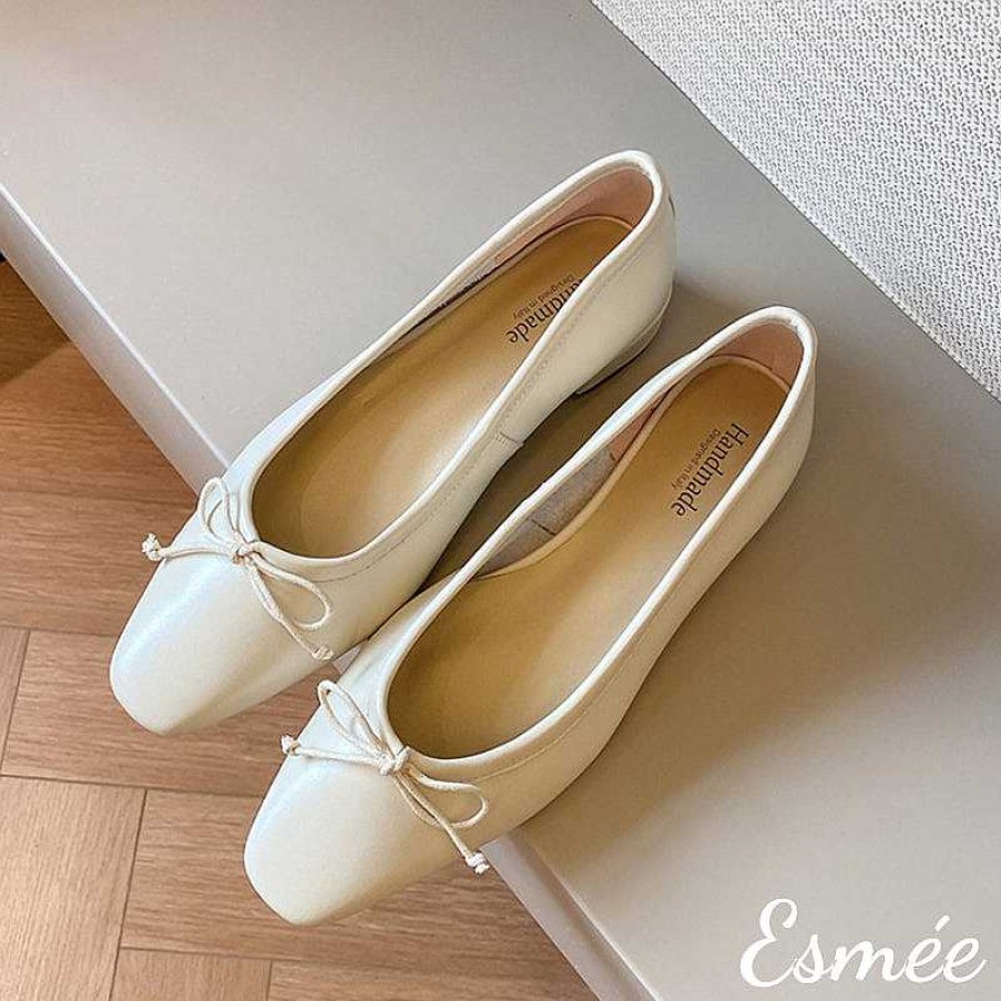 Shoes Esmée | Leather Square Toe Low Heels With Bow Knot And 2.5 Cm Block Heels