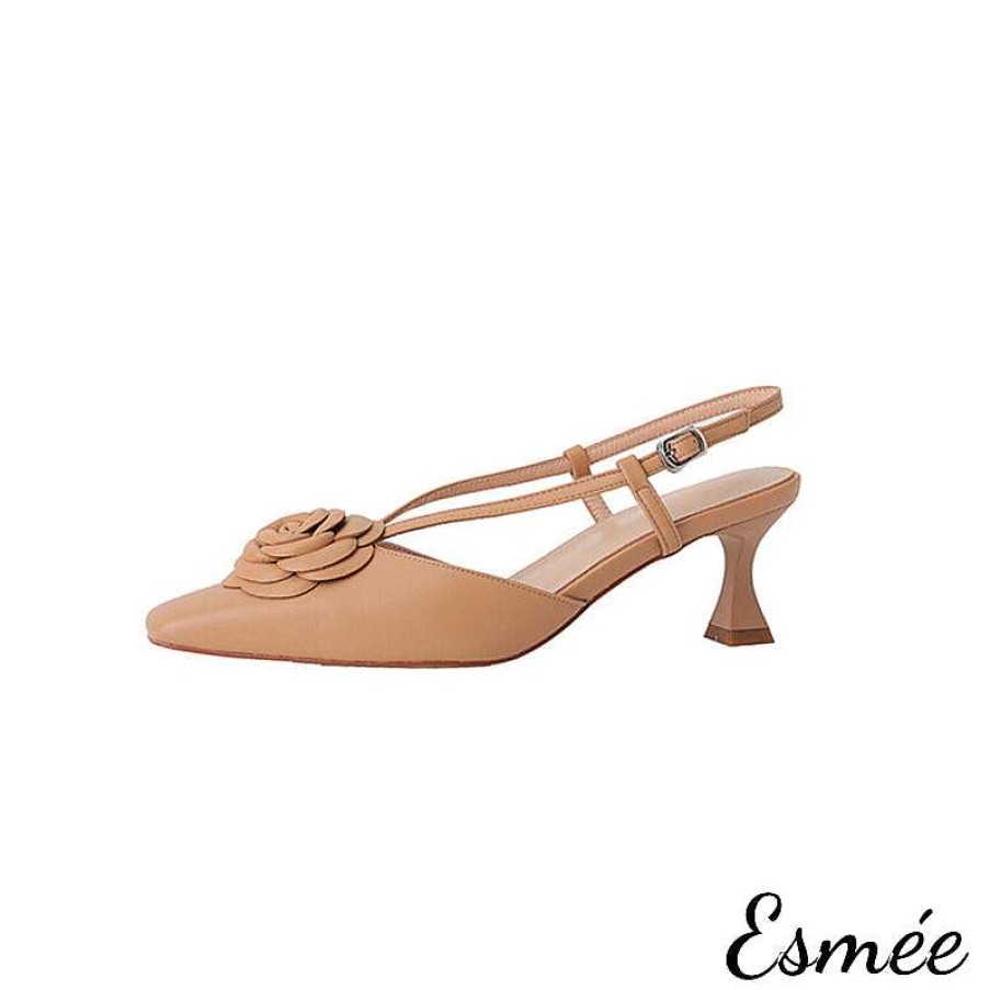 Shoes Esmée | Leather High Heel Slingback With Rosebud Design