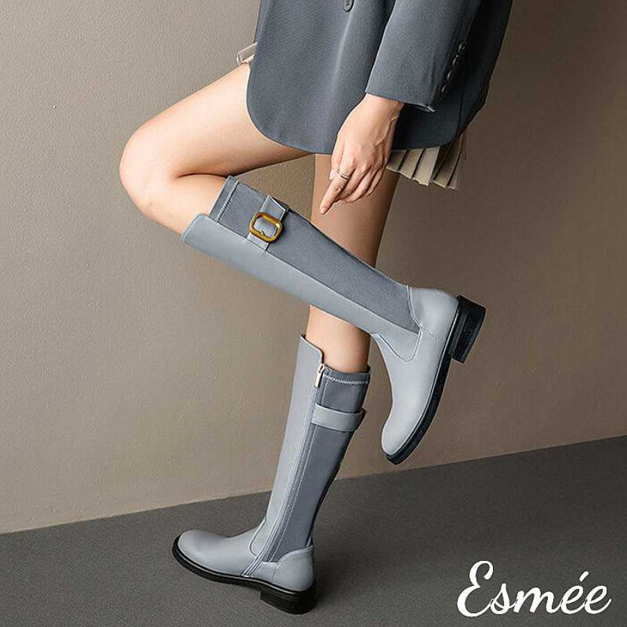 Shoes Esmée | Leather Long Boots With Ribbon And Metal Buckle Design