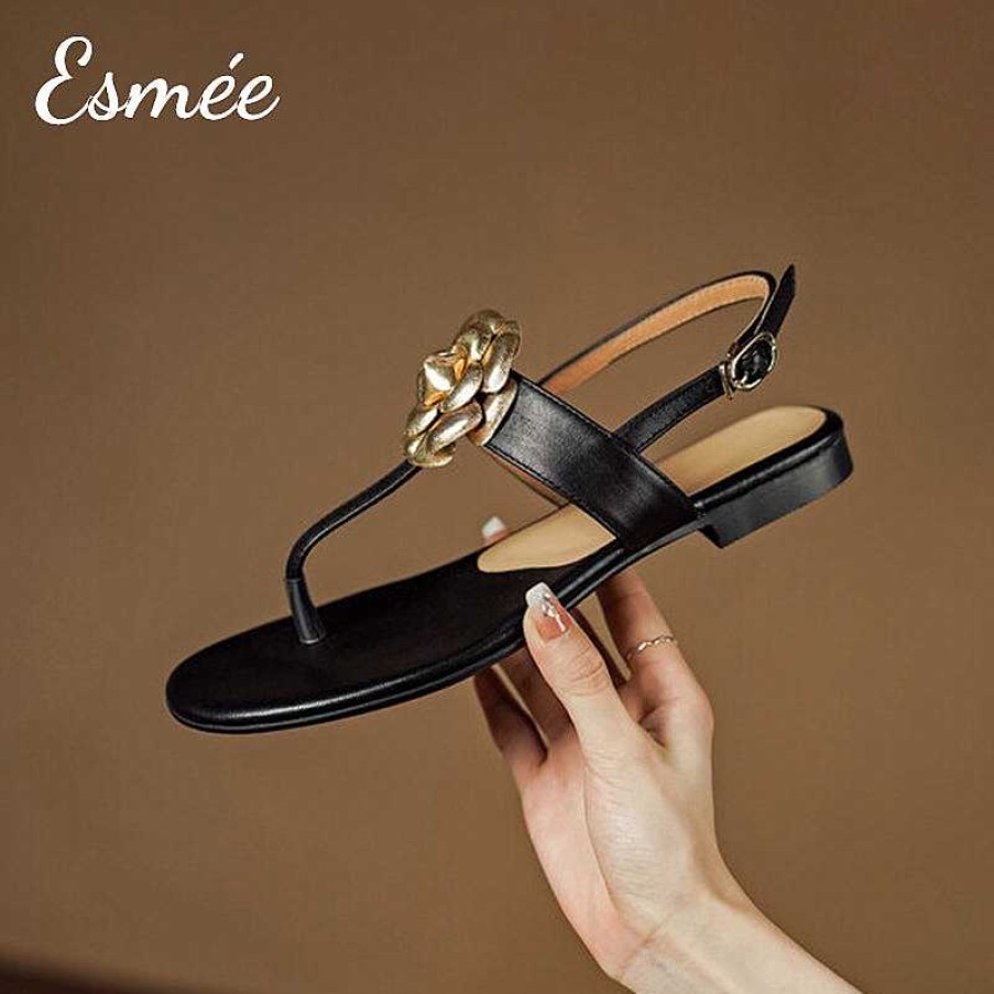 Shoes Esmée | Leather T Straps Sandals With Golden Flower Design