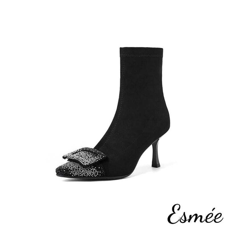 Shoes Esmée | Suede Ankle Boots With Stiletto Heels And Rhinestone Buckle Design Black