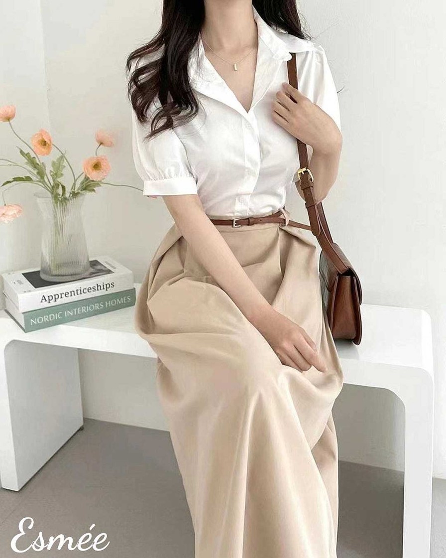 Clothing Esmée | Korean Cotton Dual Color One Piece With Shirt And Belt Design