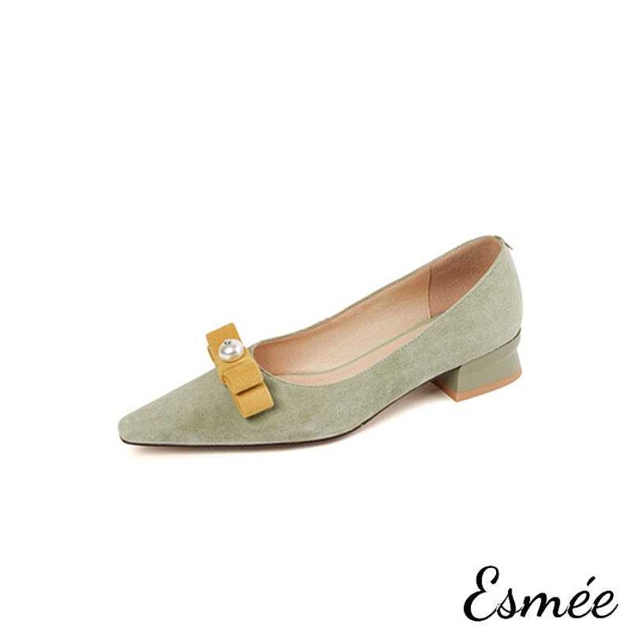 Shoes Esmée | Suede High Heels With Bow Knot And Pearl Design