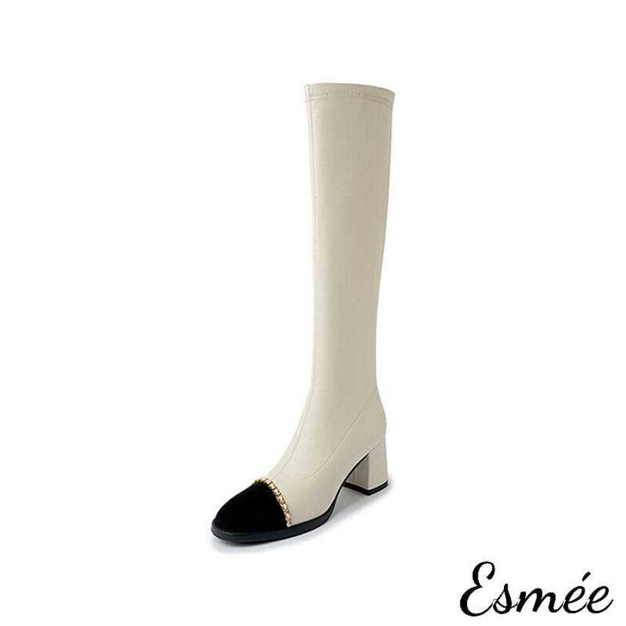 Shoes Esmée | Leather Long Boots With Chain Design And Toe Cap