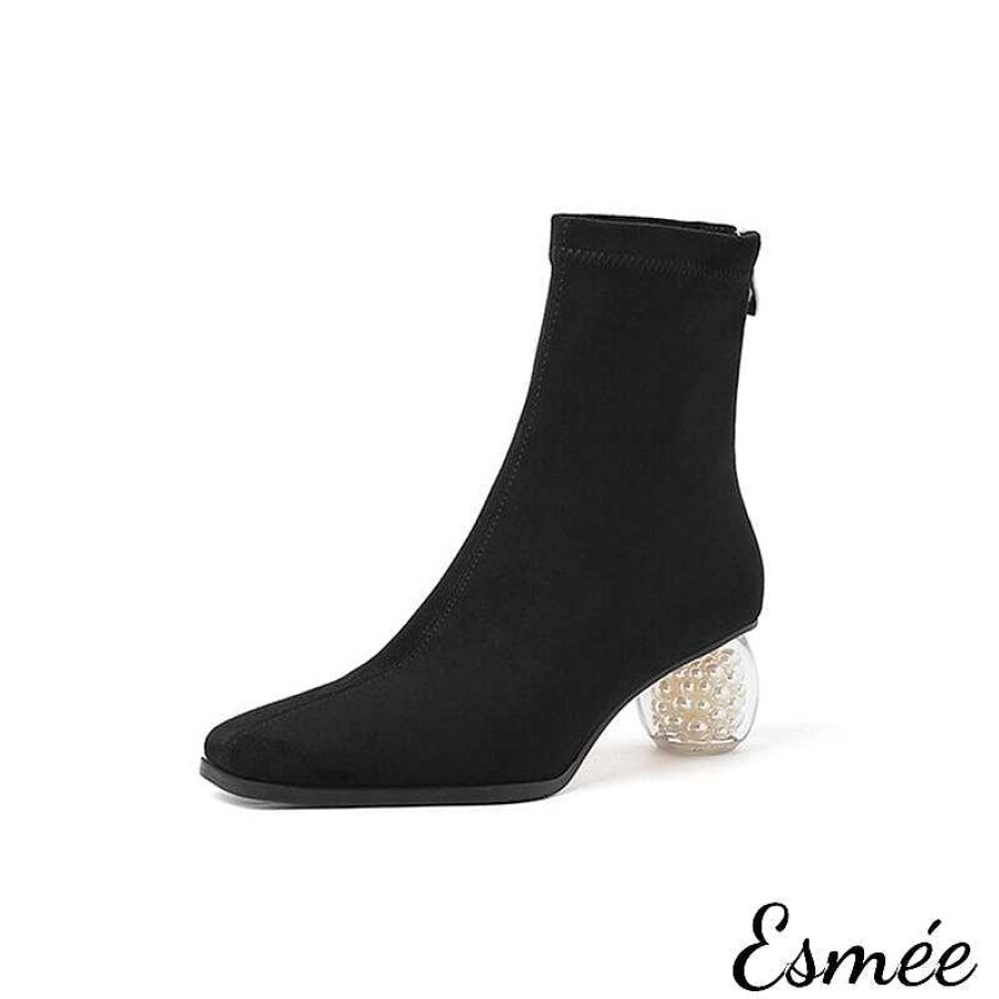 Shoes Esmée | Suede Ankle Boots With Round Pearl Heels