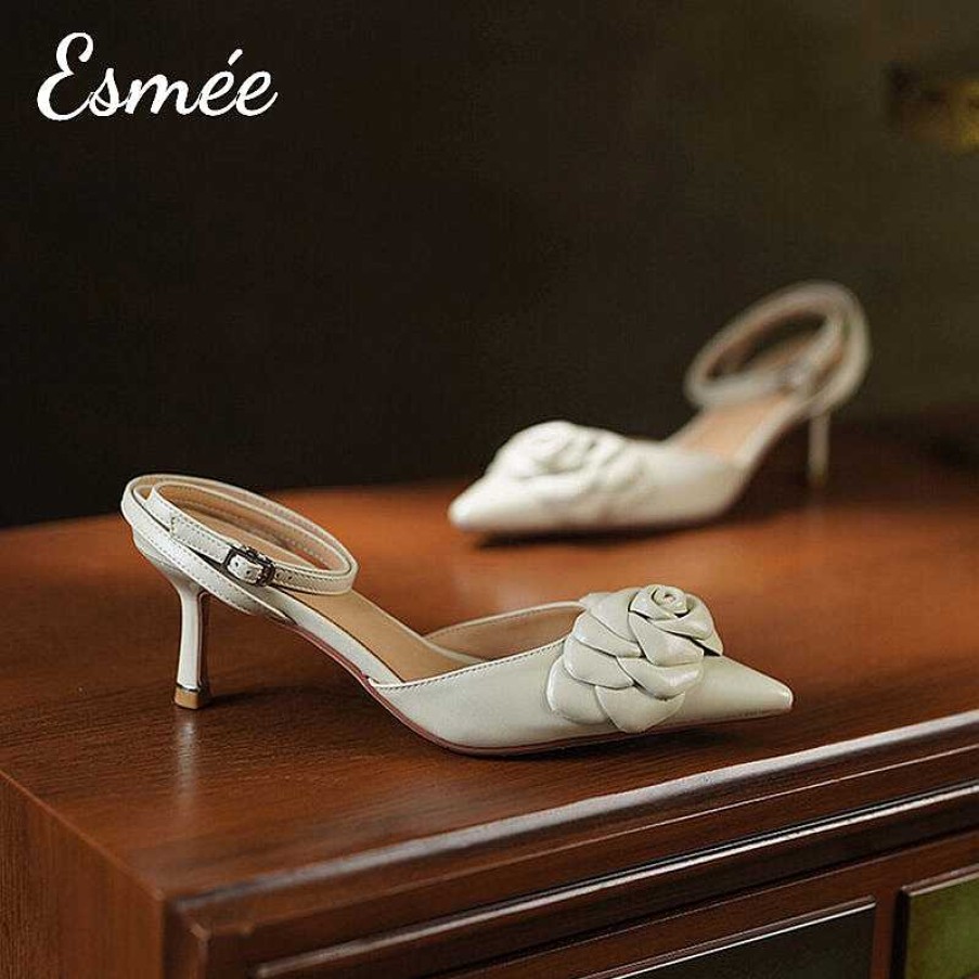 Shoes Esmée | Leather High Heel Sandals With Rosebud Design