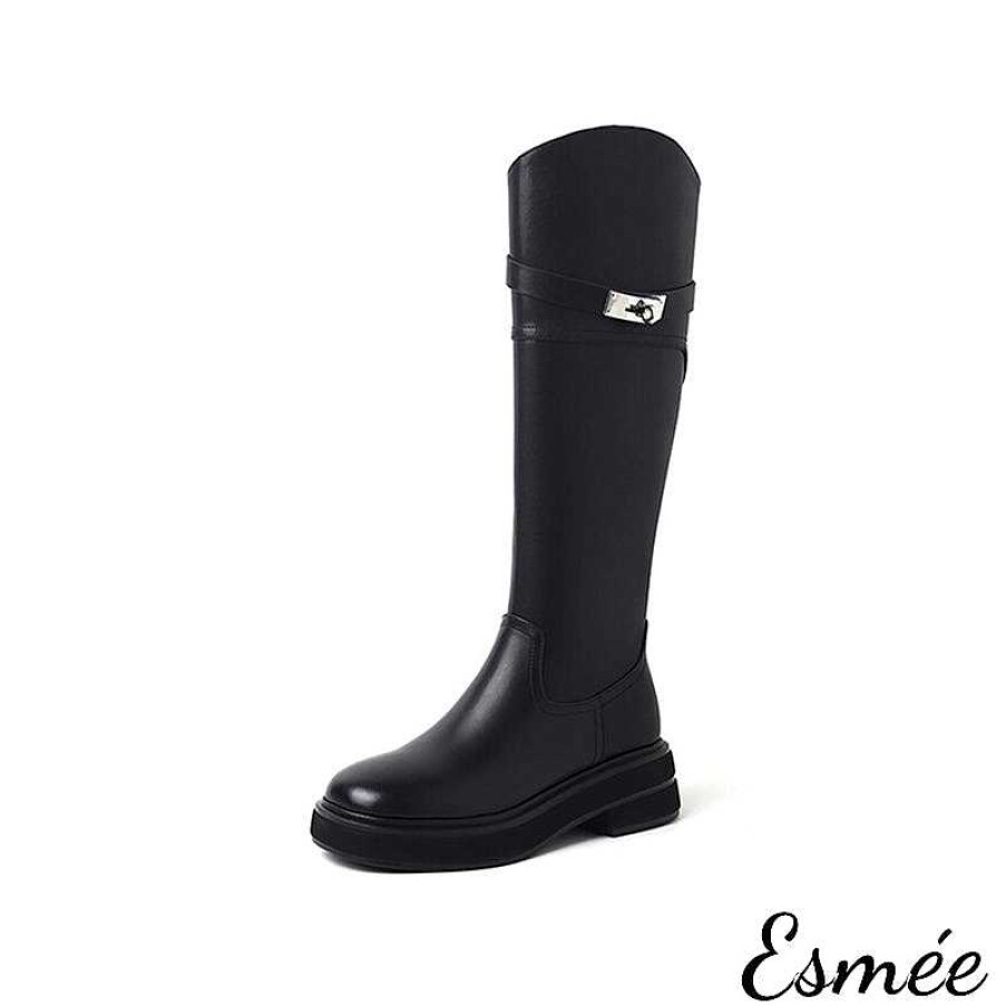 Shoes Esmée | Dual Color Leather Long Boots With Metal Buckle Design