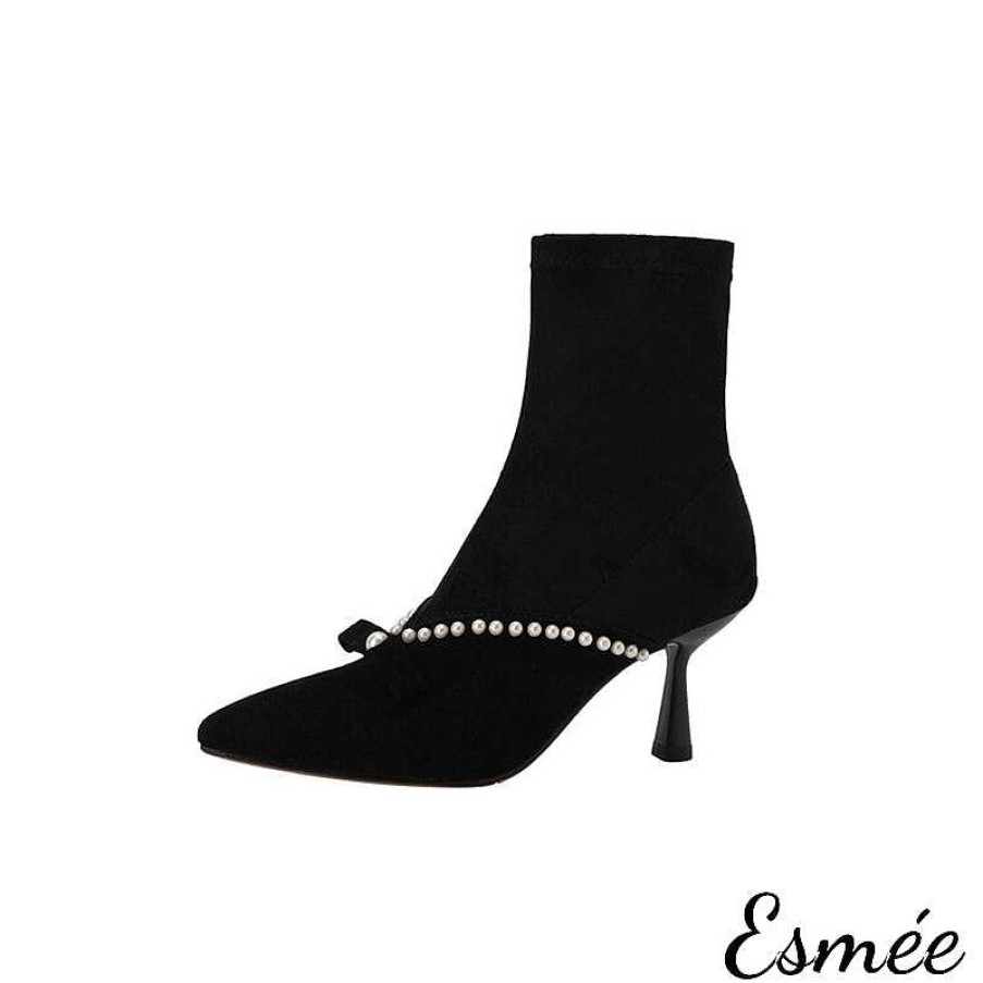 Shoes Esmée | Leather High Heel Ankle Boots With Bow Knot And Pearl Design