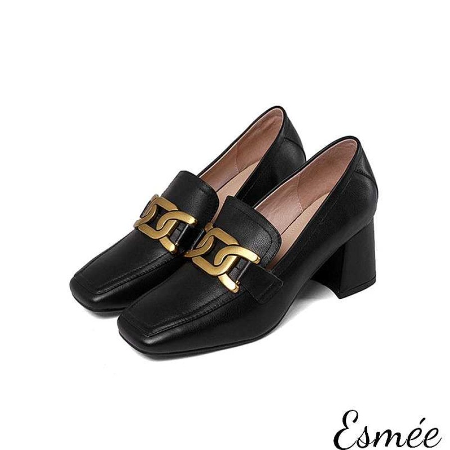 Shoes Esmée | 6 Cm Block Heel Leather Loafers With Metal Buckle