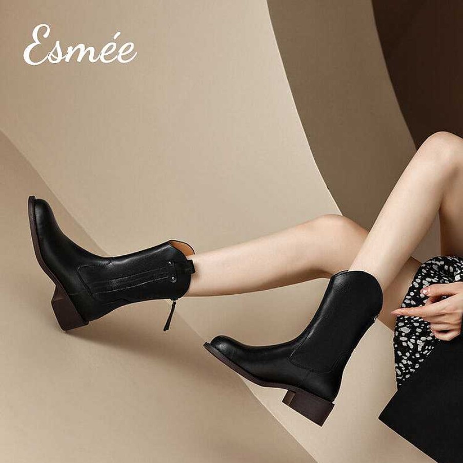 Shoes Esmée | Leather Cowboy Mid Boots With Pull Straps Design