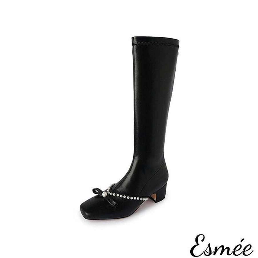 Shoes Esmée | Leather Long Boots With Bow Knot And Pearl Design