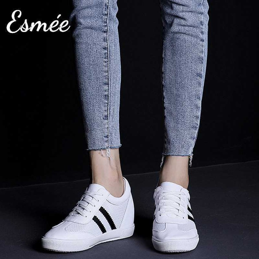 Shoes Esmée | Invisible Increased-Height 6 Cm White Leather Sneakers With Mesh