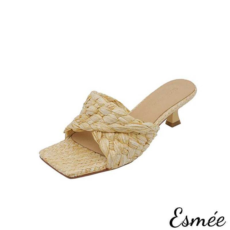 Shoes Esmée | Raffia Woven High Heel Mule Sandals With Square Toe Design