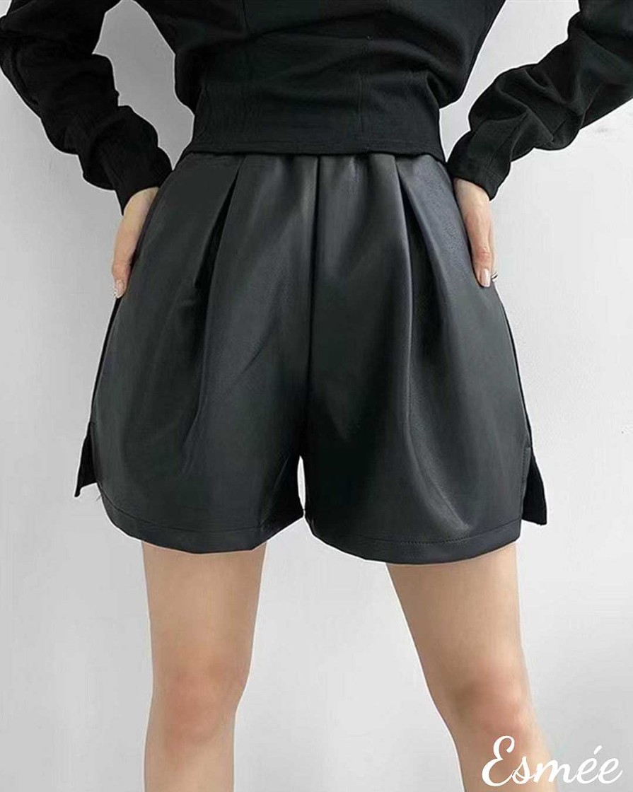 Clothing Esmée | Korean Synthetic Leather Short Pants With Ribbon Band