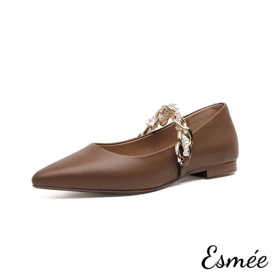 Shoes Esmée | Leather Pointed Toe Flats With Golden Chain Straps