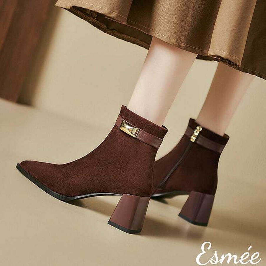 Shoes Esmée | Suede Pointy Toe High Heel Ankle Boots With Metal Buckle Design