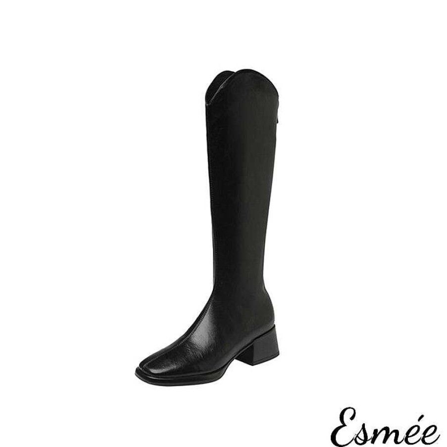 Shoes Esmée | Leather Long Boots With V-Shaped Collar And Block Heels