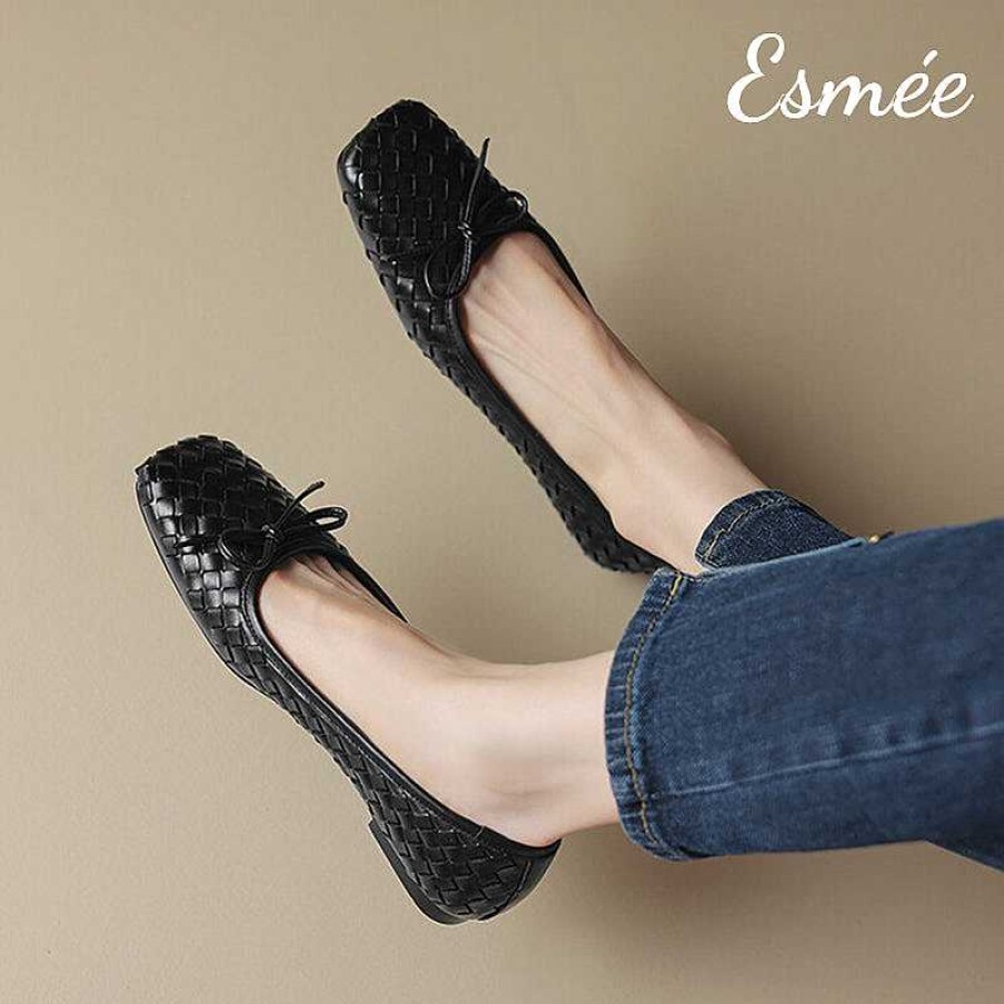 Shoes Esmée | Leather Squared Toe Flats With Woven Design