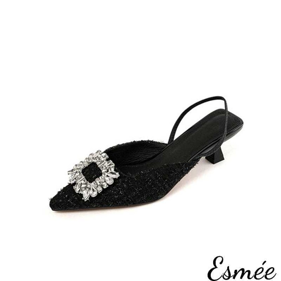 Shoes Esmée | Tweed Fabrics High Heel Slingback With Diamond Buckle