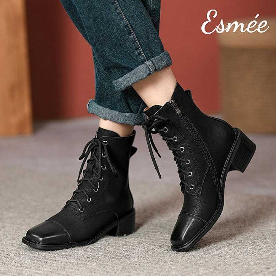 Shoes Esmée | Leather Marten Boots With Square Toe Design