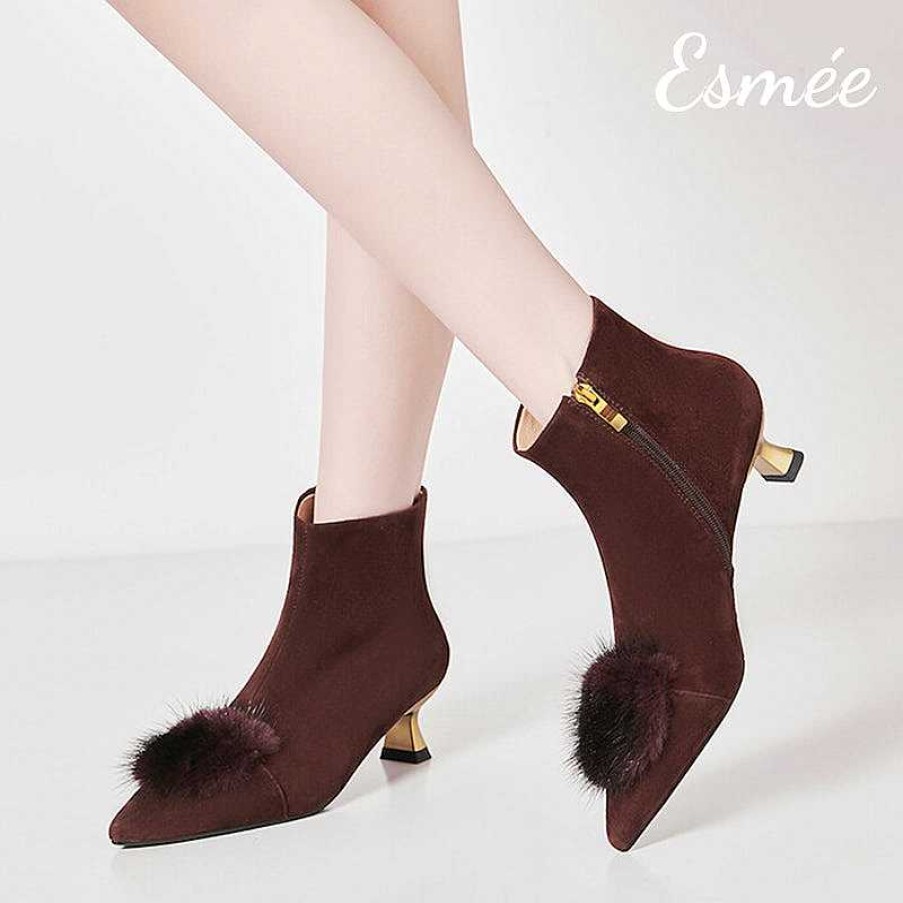 Shoes Esmée | Suede Ankle Boots With Fuzzy Balls