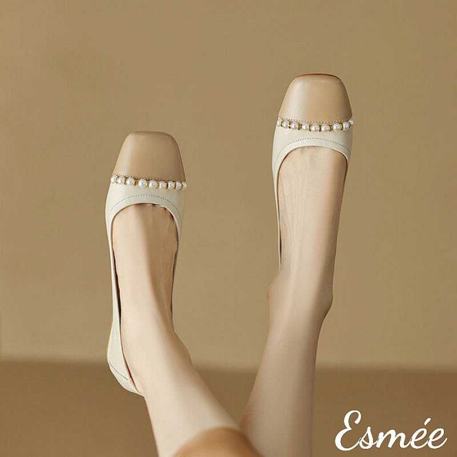 Shoes Esmée | Leather Low Heels With Dual Color Toe Cap And Pearl Design