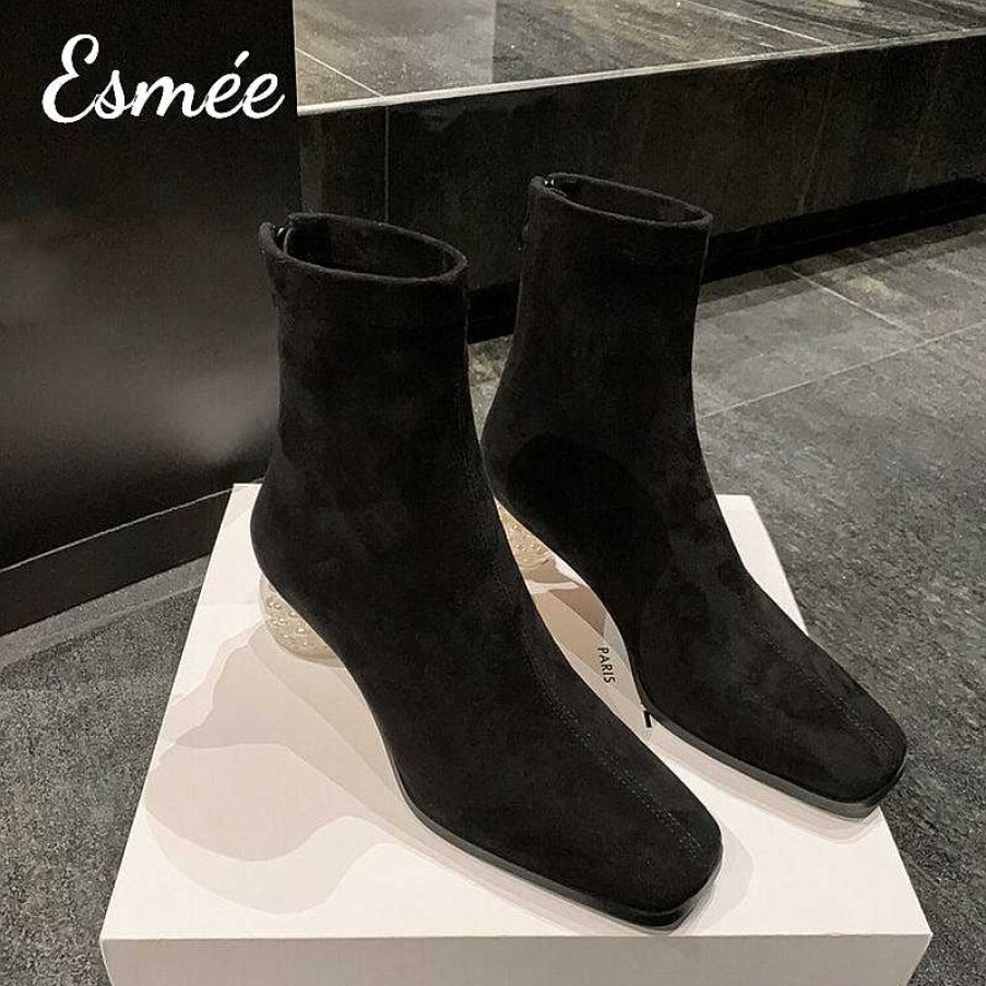 Shoes Esmée | Suede Ankle Boots With Round Pearl Heels