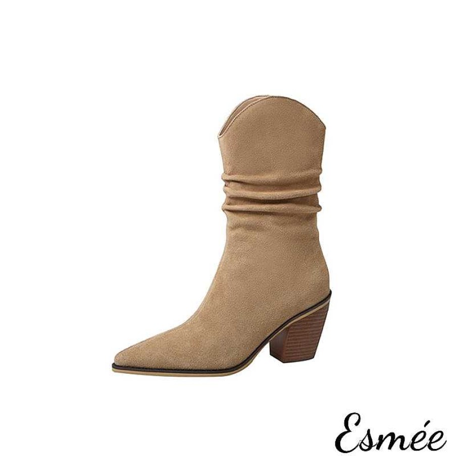 Shoes Esmée | Suede Mid Riding Boots With Cylinder Heels