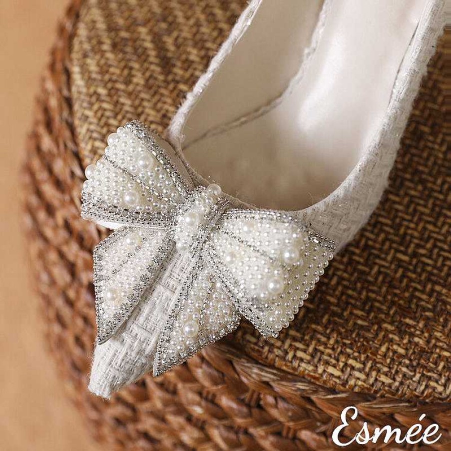 Shoes Esmée | Fabrics High Heels With Pearl Design Bow Knot White