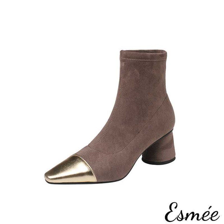 Shoes Esmée | Suede Ankle Boots With Metallic Toe Cap And Cylinder Heels