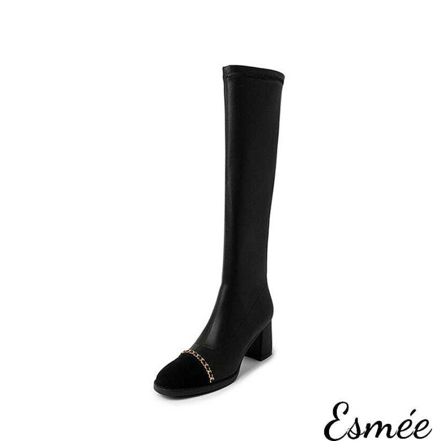 Shoes Esmée | Leather Long Boots With Chain Design And Toe Cap