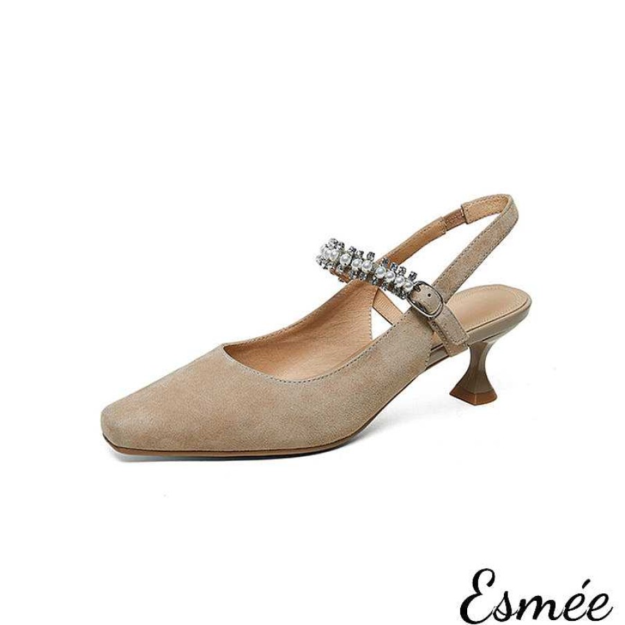 Shoes Esmée | Suede High Heel Slingback With Diamond And Pearl Straps