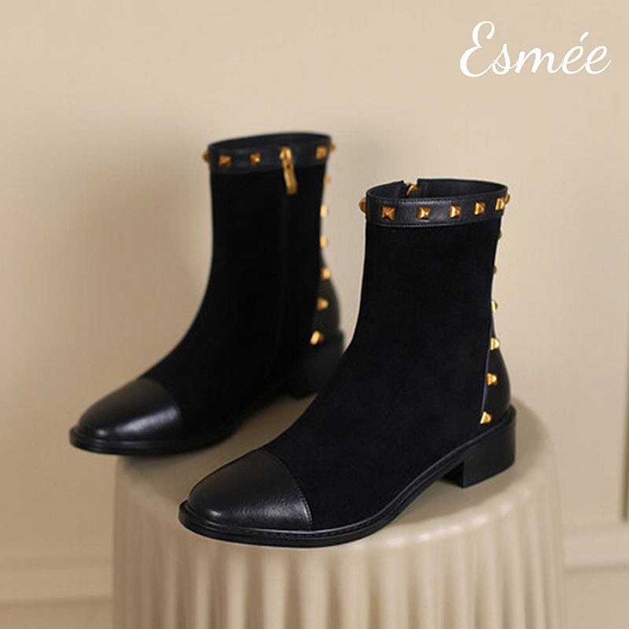 Shoes Esmée | Suede Ankle Boots With Rivets And Leather Toe Cap Design