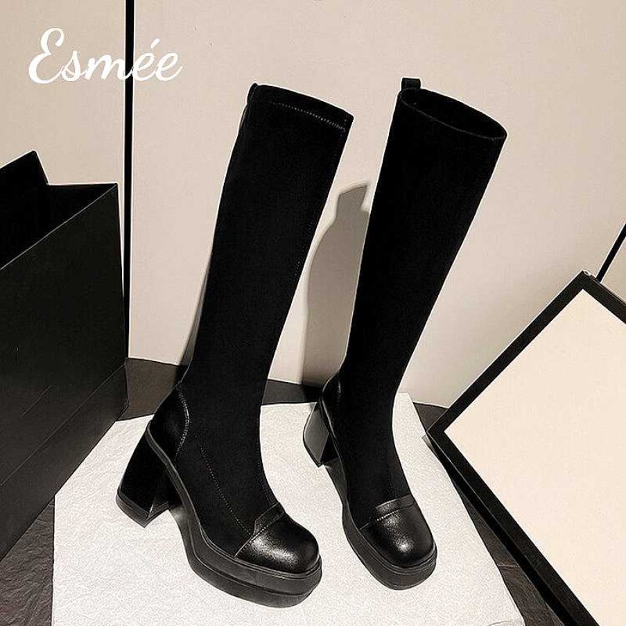 Shoes Esmée | Suede High Heel Long Boots With Leather Toe And Heel Cap Black