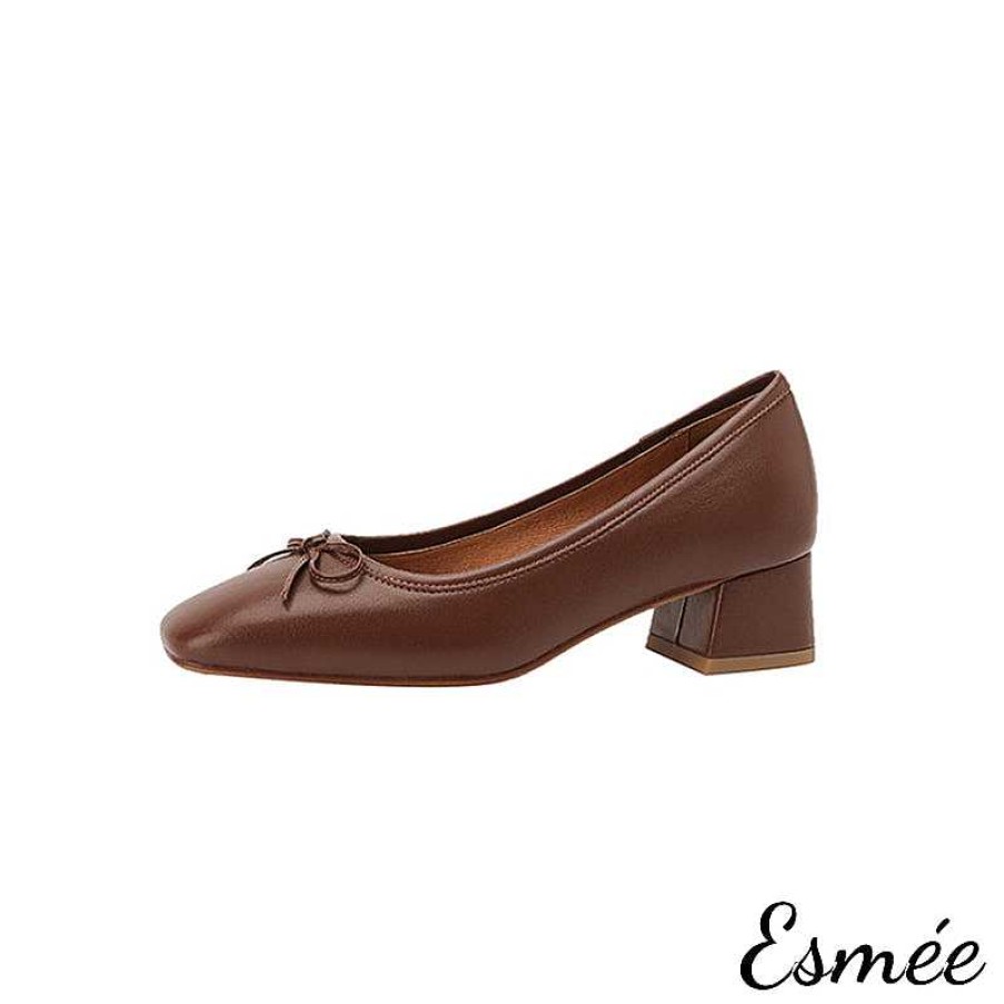 Shoes Esmée | Leather High Heels With Bow Knot And Square Toe