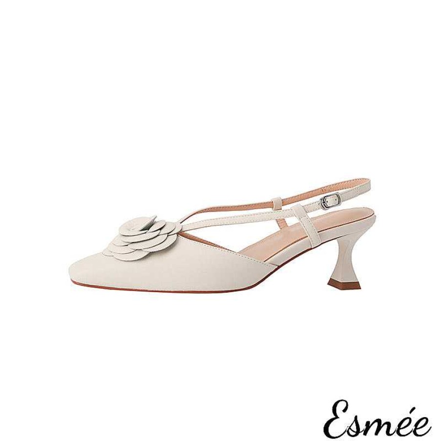 Shoes Esmée | Leather High Heel Slingback With Rosebud Design