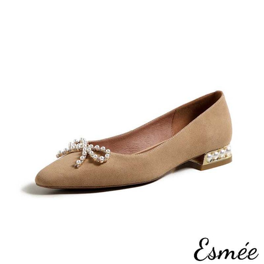 Shoes Esmée | Suede Pearl Low Heels With Pearl Bow Knot