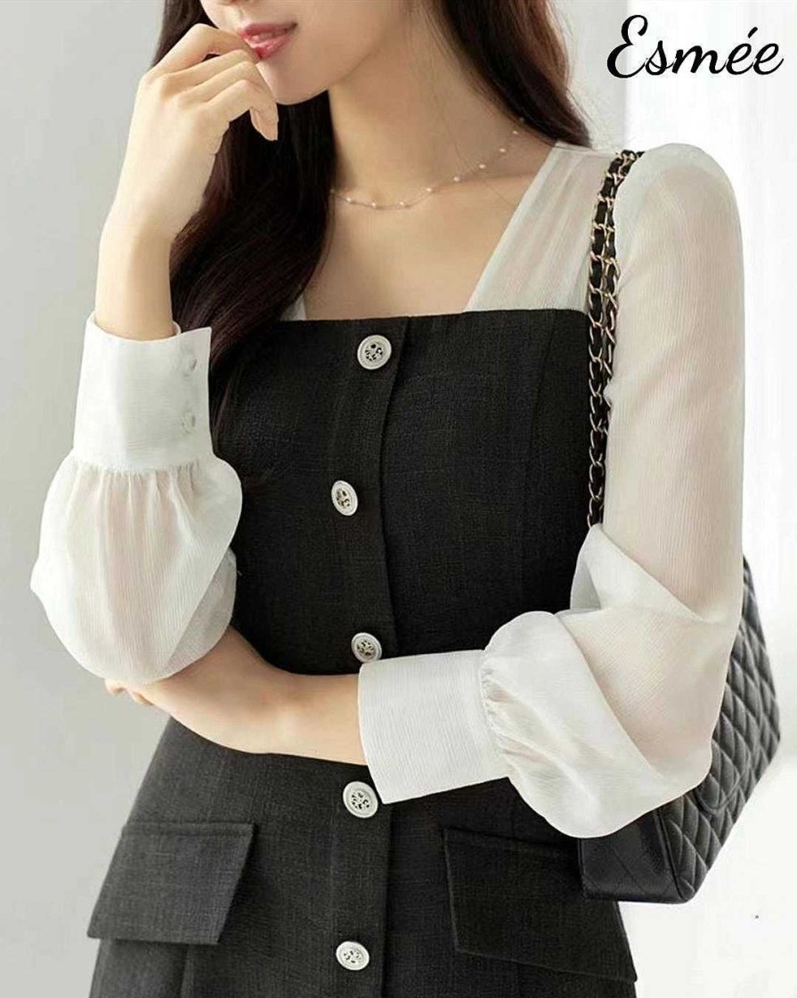 Clothing Esmée | Korean Cotton One Piece With Tulle Sleeves Black & White